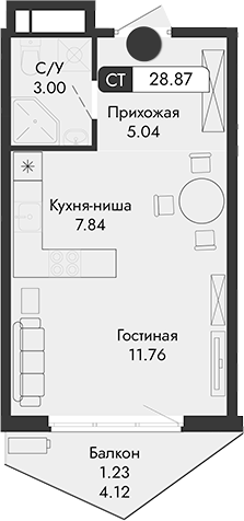 Планировка — Парковая Резиденция, Студия, 28 м²