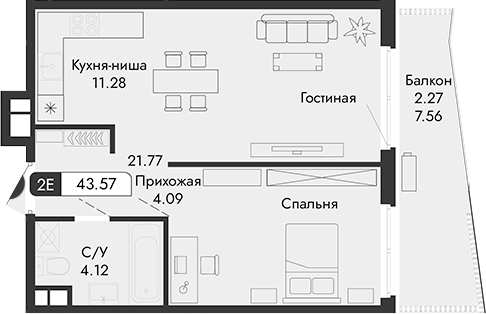 Планировка — Парковая Резиденция, 1-комн., 41 м²
