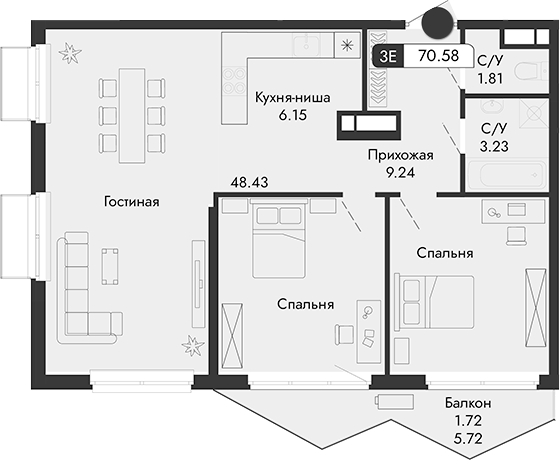 Планировка — Парковая Резиденция, 1-комн., 69 м²