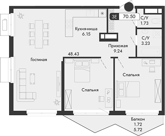 Планировка — Парковая Резиденция, 1-комн., 69 м²