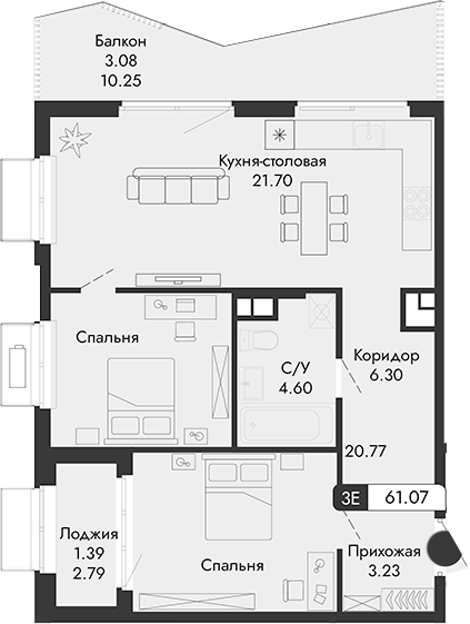 Планировка — Парковая Резиденция, 1-комн., 57 м²