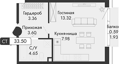 Планировка — Парковая Резиденция, Студия, 33 м²