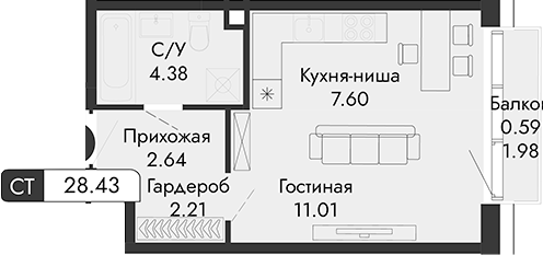 Планировка — Парковая Резиденция, Студия, 28 м²