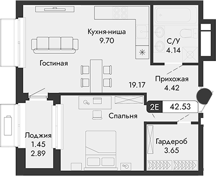 Планировка — Парковая Резиденция, 1-комн., 41 м²