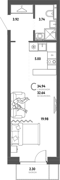 Планировка — Сибирский сад, Студия, 33 м²