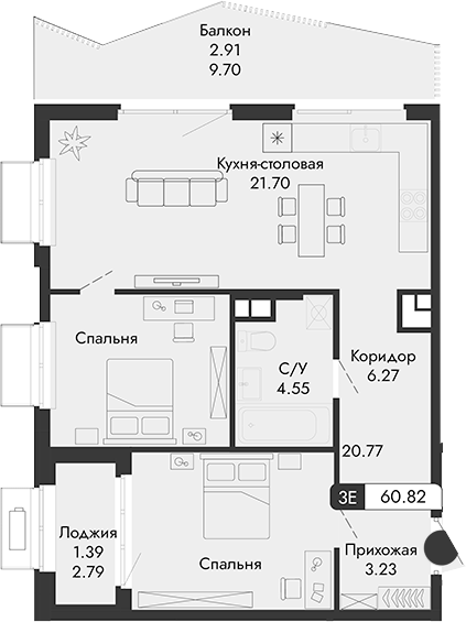 Планировка — Парковая Резиденция, 1-комн., 57 м²