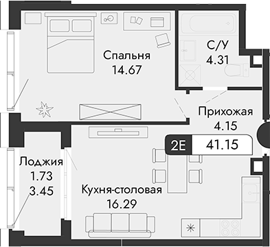 Планировка — Парковая Резиденция, 2-комн., 39 м²