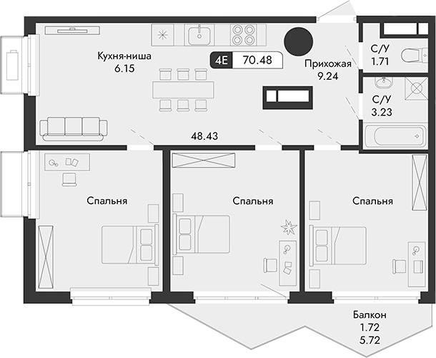 Планировка — Парковая Резиденция, 1-комн., 69 м²