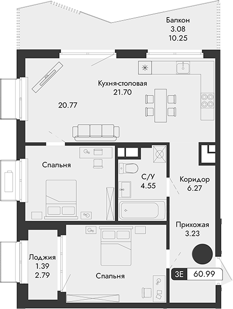 Планировка — Парковая Резиденция, 1-комн., 57 м²