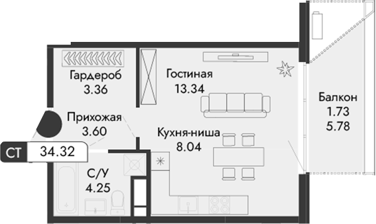 Планировка — Парковая Резиденция, Студия, 33 м²