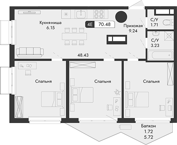 Планировка — Парковая Резиденция, 1-комн., 69 м²