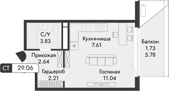 Планировка — Парковая Резиденция, Студия, 27 м²