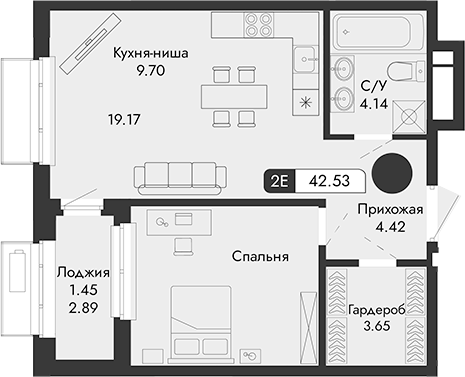 Планировка — Парковая Резиденция, 1-комн., 41 м²