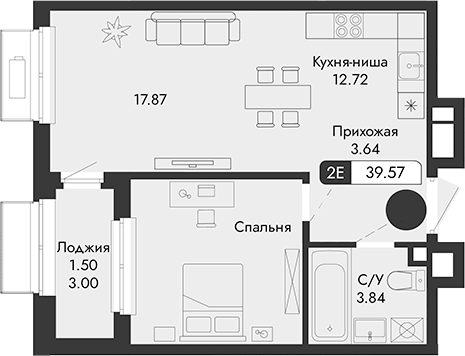 Планировка — Парковая Резиденция, 1-комн., 38 м²