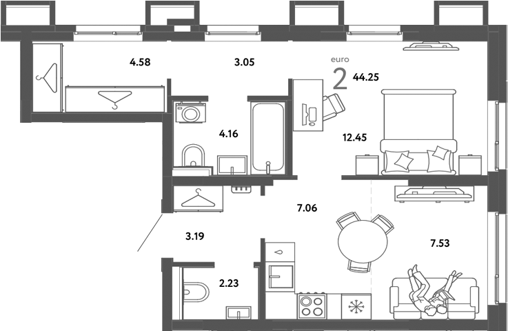 Планировка — Сибирский сад, 2-комн., 44 м²