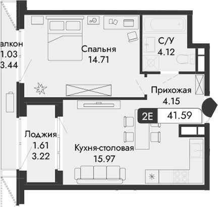 Планировка — Парковая Резиденция, 2-комн., 39 м²