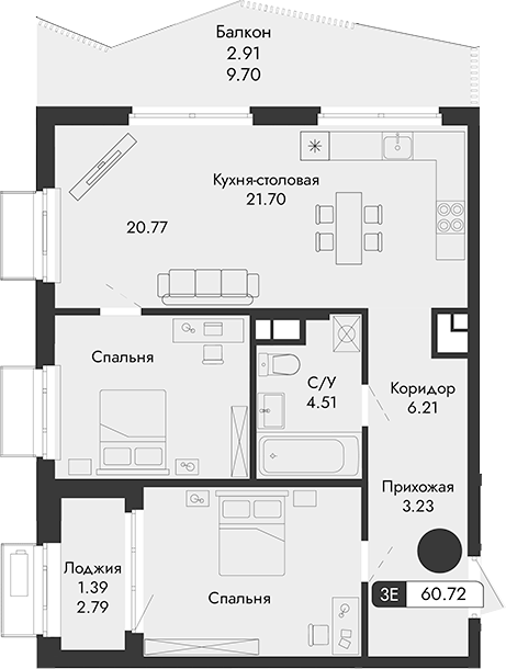 Планировка — Парковая Резиденция, 1-комн., 56 м²