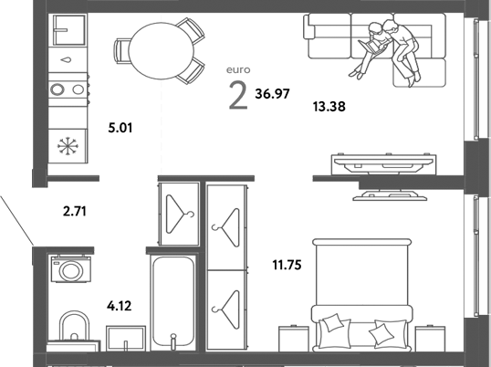 Планировка — Сибирский сад, 2-комн., 37 м²