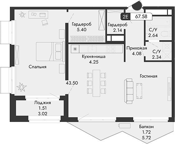 Планировка — Парковая Резиденция, 1-комн., 64 м²
