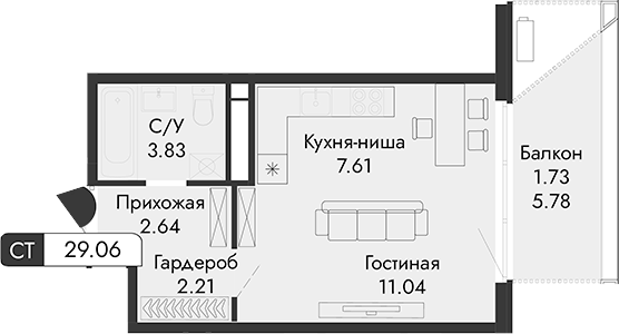 Планировка — Парковая Резиденция, Студия, 27 м²
