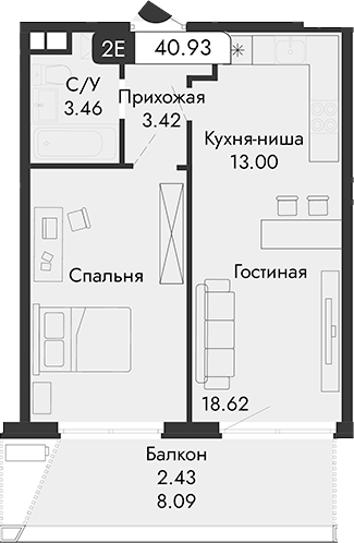 Планировка — Парковая Резиденция, 2-комн., 39 м²