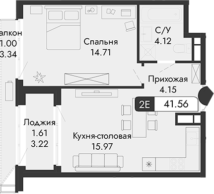 Планировка — Парковая Резиденция, 2-комн., 39 м²