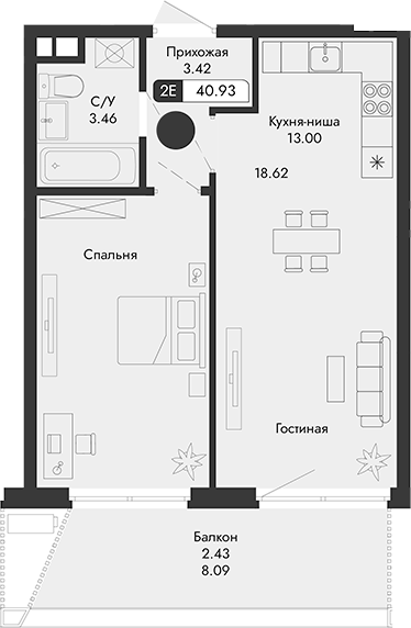 Планировка — Парковая Резиденция, 2-комн., 39 м²