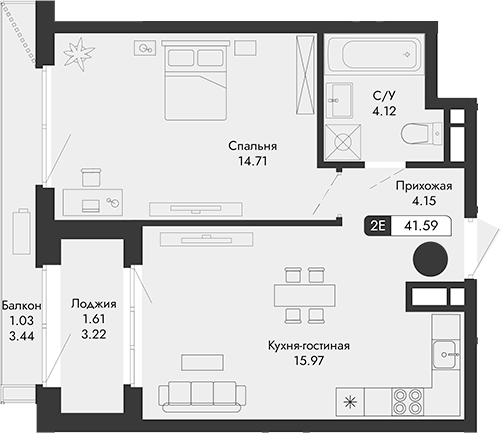 Планировка — Парковая Резиденция, 2-комн., 39 м²