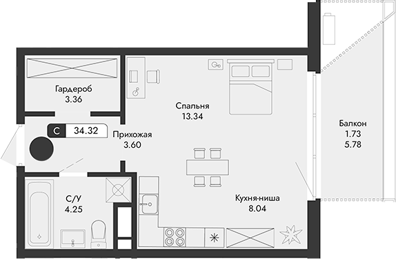 Планировка — Парковая Резиденция, Студия, 33 м²