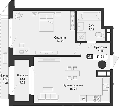 Планировка — Парковая Резиденция, 2-комн., 39 м²