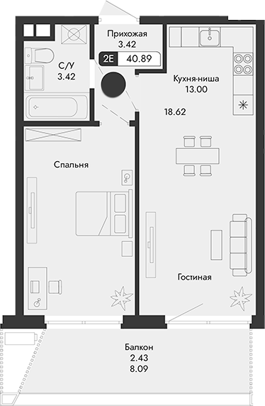 Планировка — Парковая Резиденция, 2-комн., 38 м²