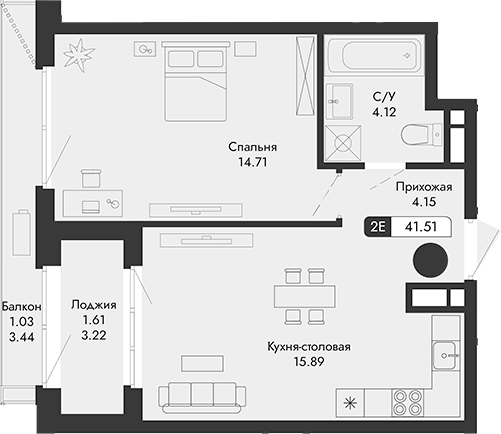 Планировка — Парковая Резиденция, 2-комн., 39 м²