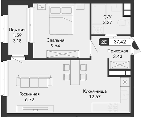 Планировка — Парковая Резиденция, 2-комн., 36 м²