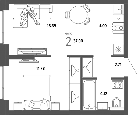 Планировка — Сибирский сад, 2-комн., 37 м²