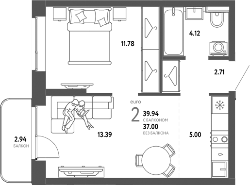 Планировка — Сибирский сад, 2-комн., 37 м²