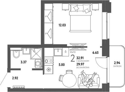 Планировка — Сибирский сад, 2-комн., 30 м²