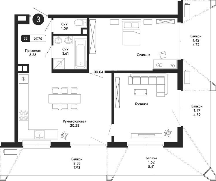Планировка — Парковая Резиденция, 1-комн., 61 м²