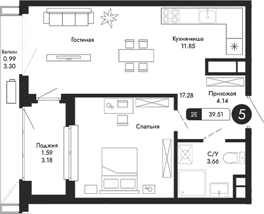 Планировка — Парковая Резиденция, 1-комн., 37 м²