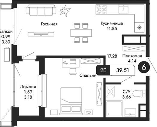 Планировка — Парковая Резиденция, 1-комн., 37 м²