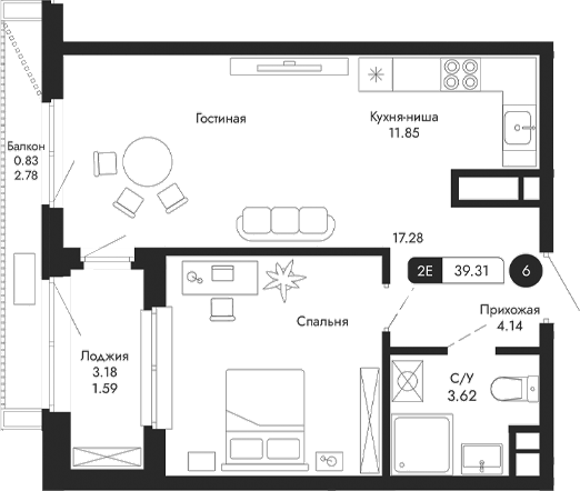 Планировка — Парковая Резиденция, 1-комн., 37 м²
