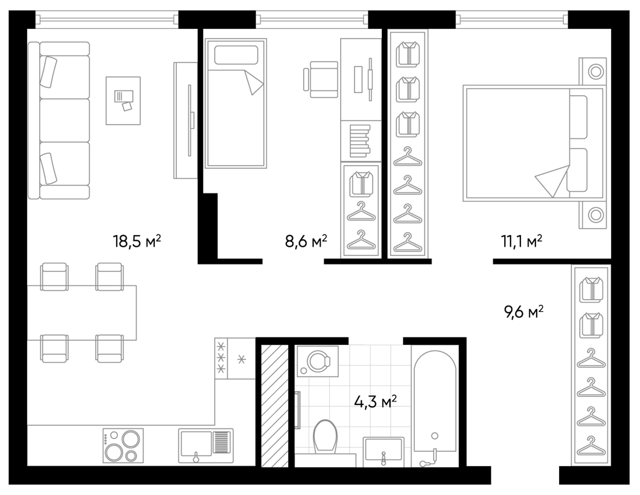 Планировка — Amundsen, 3-комн., 52 м²