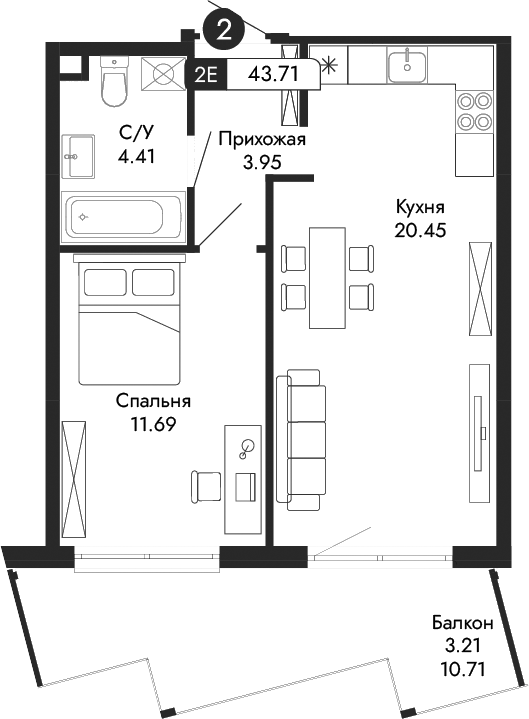 Планировка — Парковая Резиденция, 2-комн., 41 м²