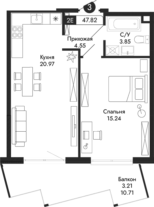 Планировка — Парковая Резиденция, 2-комн., 45 м²