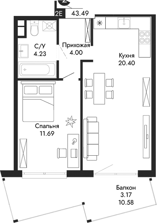 Планировка — Парковая Резиденция, 2-комн., 40 м²