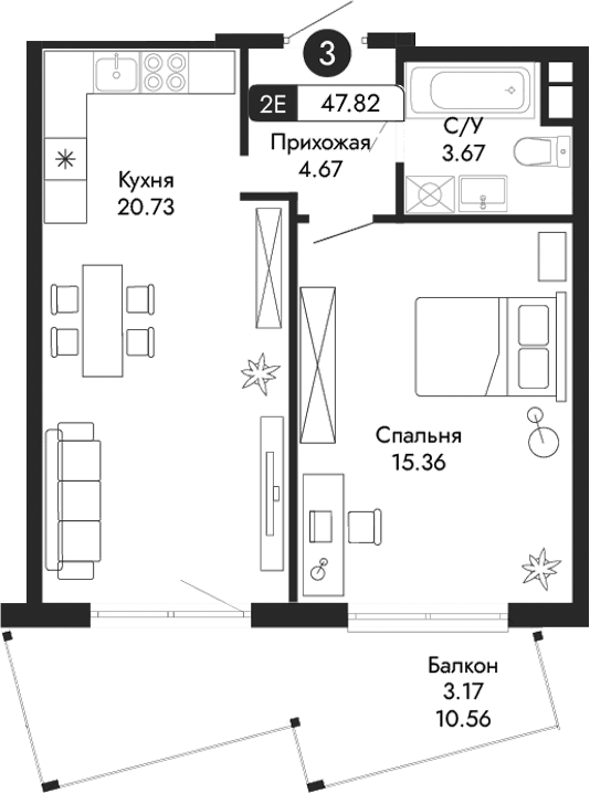 Планировка — Парковая Резиденция, 2-комн., 45 м²