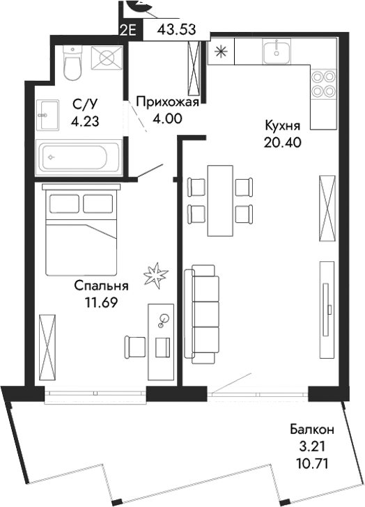 Планировка — Парковая Резиденция, 2-комн., 40 м²