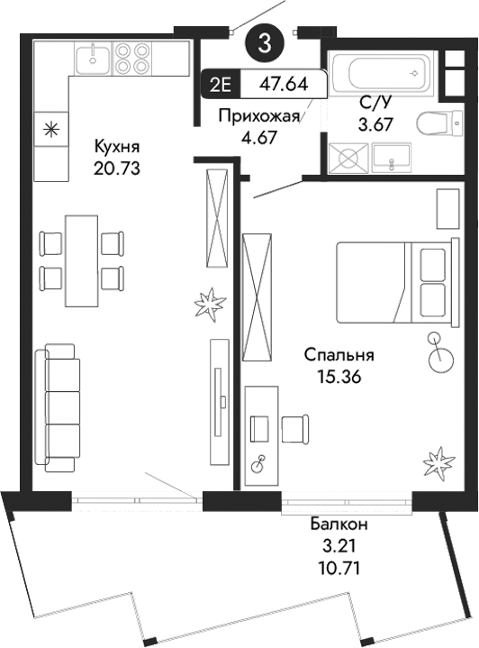 Планировка — Парковая Резиденция, 2-комн., 44 м²