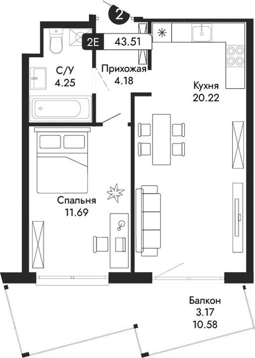 Планировка — Парковая Резиденция, 2-комн., 40 м²