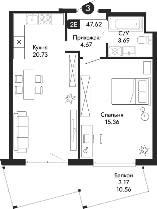 Планировка — Парковая Резиденция, 2-комн., 44 м²