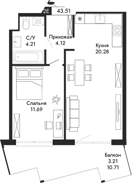 Планировка — Парковая Резиденция, 2-комн., 40 м²